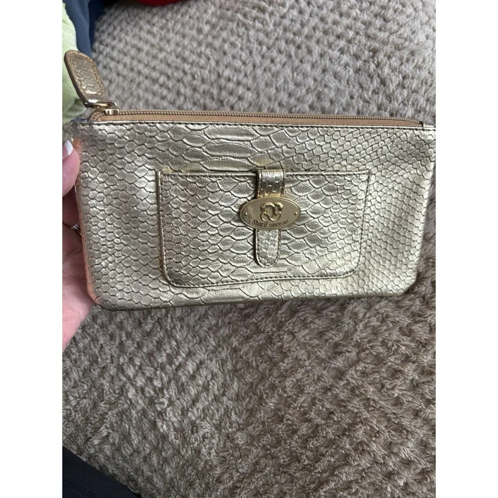 Sharif Gold Croc Embossed Makeup Bag/Clutch Wrist Strap Evening Bag